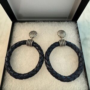 American West Navy Braided Leather, Sterling Silver Circle Dangle Earrings